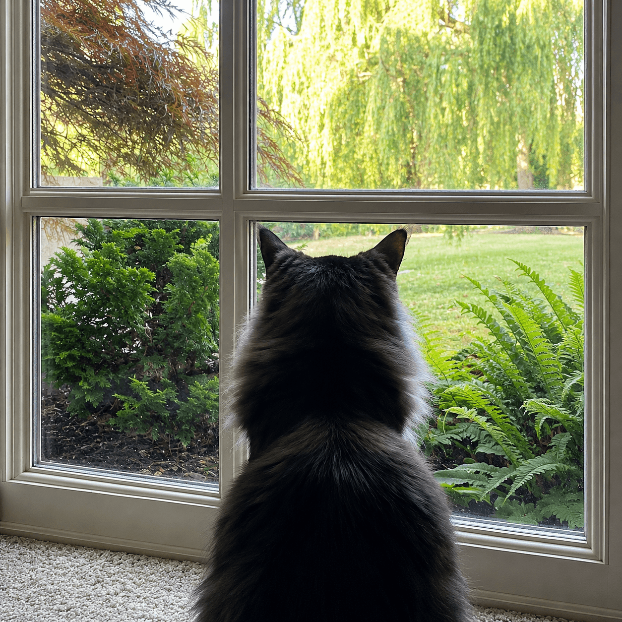 A long-haired cat watching the garden from a windowsill